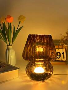 1pc Cute Mushroom Lamp, Striped & Polka Dot Pattern, USB Powered, 3-Color Lighting Adjustment, Glass Lamp Body, Suitable For Bedroom, Living Room, Office, Study, Room Decor, LED Night Light - Multicolor - View 1