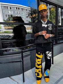 Men's Wide Leg Baggy Sweatpants Y2K Graphic Flared Stacked Track Pants Workout Gym Trousers - 黃色 - 查看 3