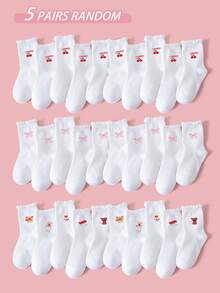 1/5/10/15双装 儿童/女童春夏纯色休闲中筒袜，带蕾丝/白色，适合上学/运动，可爱蝴蝶结/樱桃/卡通动物装饰，时尚柔软透气吸湿中筒袜，适合学生、日常穿着、送礼、旅行，款式随机。 - 彩色 - 查看 17
