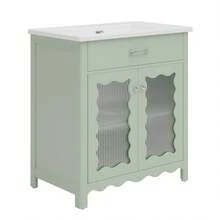 MERAX 30 Inches Bathroom Vanity With Tempered Glass, Modern Bathroom Cabinet With Rubber Wood Legs And Soft Close Doors, Green - 薄荷綠 - 查看 11