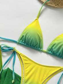 性感时尚黄绿渐变色挂脖比基尼三件套 - 三角上衣 + 系带泳裤 + 修身中长裙 | 海滩度假必备泳装 - 綠色 - 查看 6