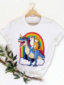 Funny Cat Riding Unicorn Riding T-Rex Rainbow T-Shirt 100% Cotton Crew Neck Short Sleeve Space Galaxy Dinosaur Tee Cute Tabby Kitten Magic Fantasy Graphic Top Novelty Birthday Gi-3 - Trắng 2 - Xem 1