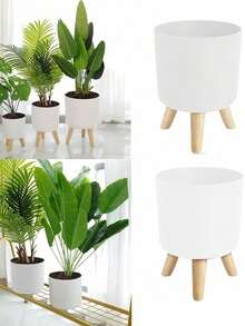 1 pieza Maceta redonda clásica autorriego con soporte, adecuada para todas las plantas y flores de interior, mantiene la humedad durante 15-20 días, la mejor opción para el cuidado de plantas durante viajes cortos. Maceta vertical moderna con agujero de drenaje, adecuada para plantación y decoración en interiores y exteriores, maceta con soporte de madera, maceta para bonsái (3 tamaños), adecuada para la temporada de vuelta al colegio y Navidad - Gris - Ver 4