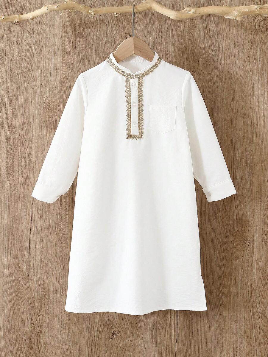 Young BoyCasual Traditional Long Sleeve Half-Open Collar Ruffle Pocket Robe Top, Slit Hem Design, Arabic Robe, Saudi Arabia, Kaftan, Islamic Clothing, Ramadan Dress Robe, Suitable For Party, Vacation, Christening, Anniversary, Ramadan, Wedding, All Seasons - White - View 1