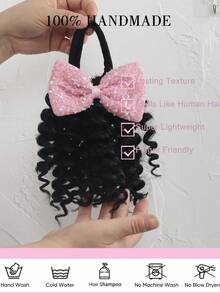 1pc ﻿Black Hair Curly Ponytail With Shiny Bow Elastic Extension Synthetic Hairpiece For Kids - Natural Black - View 8