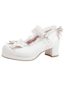 Women Kawaii Block Heel Mary Janes Pumps With Bow Platform Pumps Chunky Heel Cute Lace Sweet Lolita Style Shoes For Girls Students Cosplay Party Dress Wedding Shoes - 白色 - 查看 6