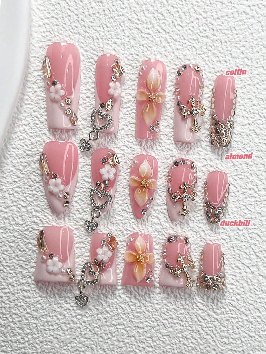 10片装梦幻美甲贴纸，亚克力美甲套装，白色五瓣花，银色水钻双心，金色十字架，不对称棕色水钻，手工四瓣棕色花朵美甲装饰，闪亮不对称水钻美甲设计，手工按压式美甲贴片 - 彩色 - 查看 1