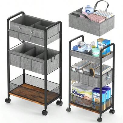 2In1 Diaper Caddy 3 - Tier Rolling Diaper Cart, Diaper Caddy Organizer Cart With Dividers, Mobile Metal Utility Cart Nursery Essentials, Detachable Bedside Cart, Large Capacity
