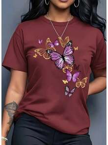 Camiseta Casual Gráfica Feminina de Manga Curta, Decote Redondo, Preta com Design Colorido.