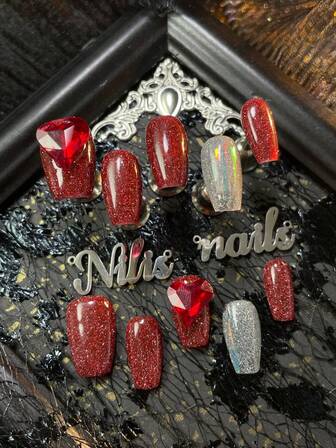 10pcs Short Coffin Acrylic Nail Kit,Shiny Full Coverage Press On Nails,Red&Silver Nails,Adorned With 3D Stereo Heart-Shaped Gemstone Nail Accessories,Cute Girl's Y2K Style Wearable Nail Art Set,Suitable For Women And Girls For New Year&Festivals,Daily, Life,Gatherings,Parties And Other Holiday Uses (Including One Piece Of Jelly Glue And One Friction Strip) Nail Stuff