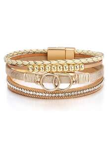 1pc Women's New Bohemian Style Bracelet, PU Leather Double Ring Steel Bead & Rhinestone Design, Suitable For Gifts And Commuting Wear - Khaki - View 5