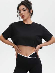 女士柔软短款T恤，针织圆领套头衫，舒适瑜伽健身宽松户外运动上衣，春夏款 - 黑色 - 查看 3