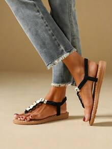 Bohemian Style Comfortable Flat-Bottomed Water-Crystal Sandals - Black - View 2