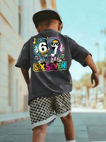 Camiseta de cuello redondo de manga corta con estampado informal para niños preadolescentes, top de verano - Gris Oscuro - Ver 3