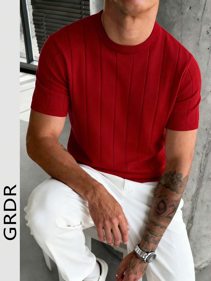 GRDR Men's Loose Thin Ribbed Crew Neck Knit Short Sleeve Sweater, Summer - Red - View 1
