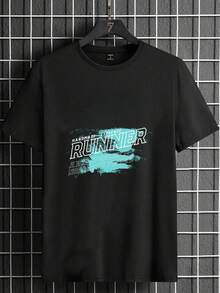 Men's Street Style "RUNNER" Graphic Print T - Shirt, Casual Loose Fit Short Sleeve Tee With Retro Sporty Design For Daily Wear -  Athletic Top For Men - 黑色 - 查看 3