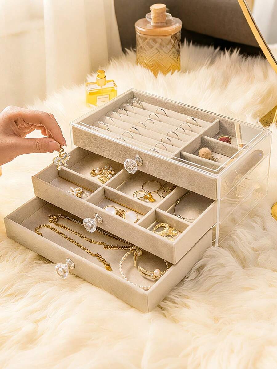 1pc 3-Tier Velvet Jewelry Box, Drawer Style Jewelry Organizer Box For Rings, Earrings, Transparent Plastic And Velvet Drawers Jewelry Storage Box, Elegant Holder For Rings, Necklaces, Bracelets, Earrings And Pendants - Multicolor - View 1