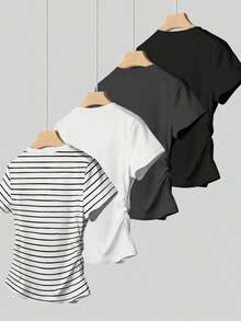 Camiseta de manga corta con pliegues casual para mujer, versátil para el verano - Negro 3 - Ver 2