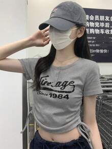 夏季韩版修身字母印花抽绳纽扣设计短袖T恤休闲款 - 深灰色 - 查看 2