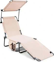Tanning Chair, Patio Chaise Lounge Chair With 5 Adjustable Position, Shade Canopy, Storage Pocket, Camping Cot, Outdoor Sunbathing Recliner For Poolside, Lawn Folding Beach Chairs(1, Beige) - 米色 - 查看 7