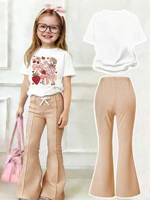 女童卡通印花圆领短袖上衣和喇叭裤套装 - 白色 - 查看 2