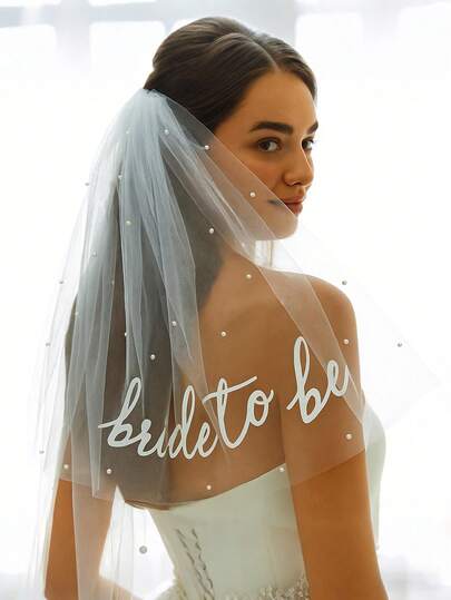 1件装新娘头纱发箍带梳子，单身派对新娘刺绣珍珠头纱，优雅白色新娘蝴蝶结头纱，绣有“新娘”字样，单身派对配饰，可定制文字新娘头纱，个性化文字婚礼头纱，新娘头饰，白色头饰新娘送礼会礼物，订婚礼物，婚礼，伴娘回礼