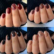 96 unhas postiças acrílicas curtas e quadradas, clássicas e versáteis, com glitter dourado brilhante, nas cores preto obsidiana, dourado elegante, marrom e estampa de leopardo vermelha. Cobertura total, 12 tamanhos disponíveis. Ideais para uso diário no outono/inverno, perfeitas para manicures de salão e como presente. - Multicolorido - Ver 8