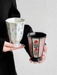 1个复古百合牡丹陶瓷马克杯，高端质感茶杯，复古冰淇淋咖啡杯，设计精美，可拉花，适合作为情人节、感恩节、圣诞节、节日礼物 - 彩色 - 查看 8