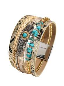 1pc Women's New Magnetic Bracelet, Creative Crushed Stone & Feather Leather Design, Suitable For Gifting To Friends Or Everyday Wear - Khaki 1 - View 4