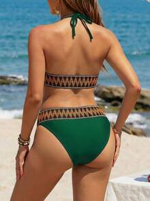 Swim Lushoire Damen Patchwork Bikini Badeanzug mit hohem Beinausschnitt und Neckholder - Dunkelgrün - Übersicht 2