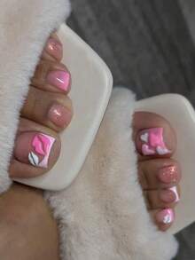 24片法式美甲方形红色边饰假指甲，亮粉色，心形和性感嘴唇图案，1个指甲锉，1套指甲胶贴，适合作为礼物送给女孩、母亲、女性，也是美甲用品，可用于圣诞节、万圣节、感恩节、母亲节、情人节等节日。 - 彩色 - 查看 7