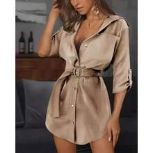 Vestido de manga larga con cuello solapa de unicolor - Caqui - Ver 2
