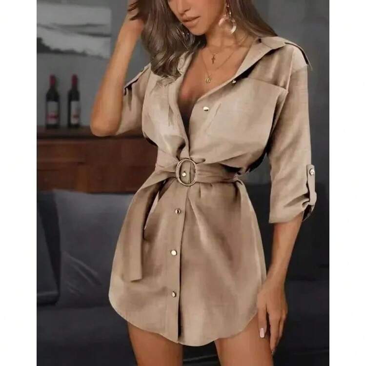 Solid Color Lapel Long Sleeve Dress - White - View 2