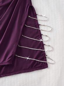 Women's Sexy Sparkling Diamond Chain Side Slit Spaghetti Strap Hollow Out Backless Dress - Purple - View 10