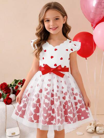 Sweet & Cute Girls' Dress, Ruffled Collar Heart Print + Mesh Hem Patchwork Dress + Belt, Children's Fashionable Princess Dress, Suitable For Birthday Party And Daily Wear