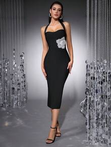 女士露背吊带无袖3D立体花卉串珠刺绣拼接绷带紧身连衣裙，优雅后开衩修身鸡尾酒礼服，奢华明星T台礼服，派对礼服，晚礼服，新年装 - 黑色 - 查看 10