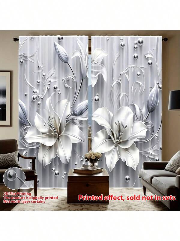 2 pezzi Eleganti tende grigie con stampa di giglio e perla - Taglia extra large, tessuto leggero, adatte per decorazione di soggiorno, camera da letto, cucina e ufficio, tende per soggiorno