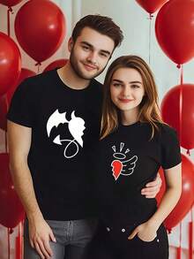 (Single Piece) Angel And Devil Couple Matching T-Shirt, Casual Short Sleeve Top, Suitable For Him And Her Valentine's Day Or Christmas Gifts - Female - View 1
