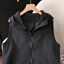 Spring/Summer New Fashion Versatile Women Casual Loose Sleeveless Zipper Hooded Lightweight Vest - Black - View 9