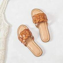 Women's Braided Flat Slide Sandals - Chic Summer Shoes With Round Toe And Cover Strap Detail, Easy Slip-On Design, Rubber Sole ,Memory Foam Footbed,Dressy Flat Sandals. - Brown - View 1