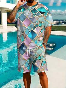 Two Eye-Catching Men's Art Exhibition Set Featuring A Pink, Blue, And Gold Crystal-Patterned Woven Fabric With A Glass-Like Texture, Perfect For Summer. Also Includes Short-Sleeved Beach Shorts And A Pink, Blue, And Gold Glass-Patterned Design. - 彩色 - 查看 2