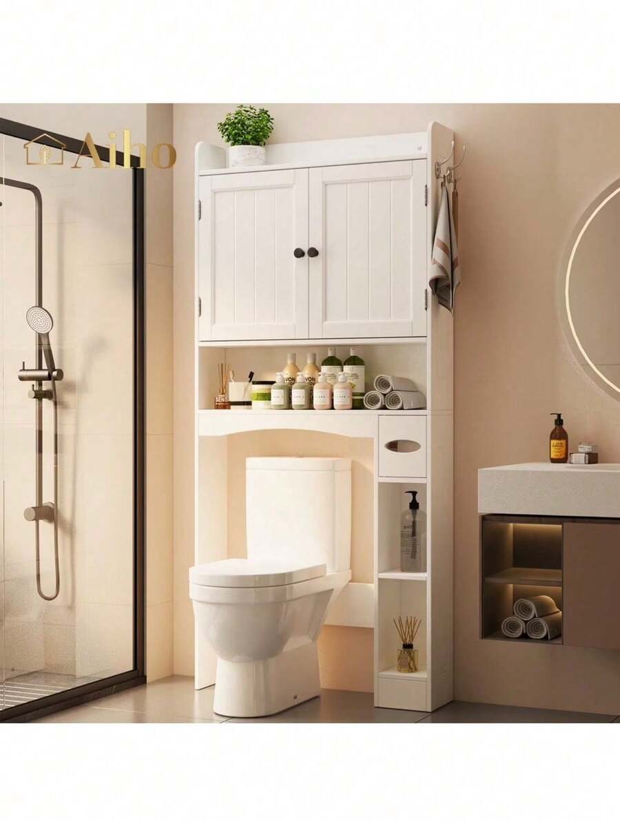 White Over-Toilet Bathroom Cabinet | Space-Saving Storage Organizer - Mặc định - Xem 1