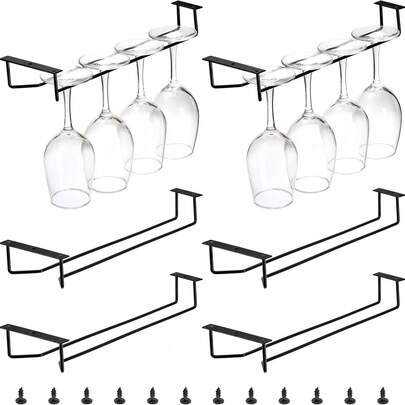 6pcs Black Wine Glass Rack, High Stem Glass Holder Wall Mounted Iron Wine Glass Rack Suitable For Shelves, Kitchen, Bar, Wine Cellar Storage, Organization, Display
