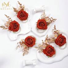 Meldel Orange Velvet Rose Wrist Corsage, Set Of 6, Wedding Bridal Flower Corsage Hand Decor For Prom Party Homecoming, Wristband Flowers Bride, Bridesmaid, ,6pcsOrangeWristCorsages - 6顆橘色腕花 - 查看 4