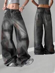 Jeansy vintage z prostymi nogawkami dla nastolatek, uniwersalne i swobodne. Szerokie nogawki. - Czarne - Zobacz 1