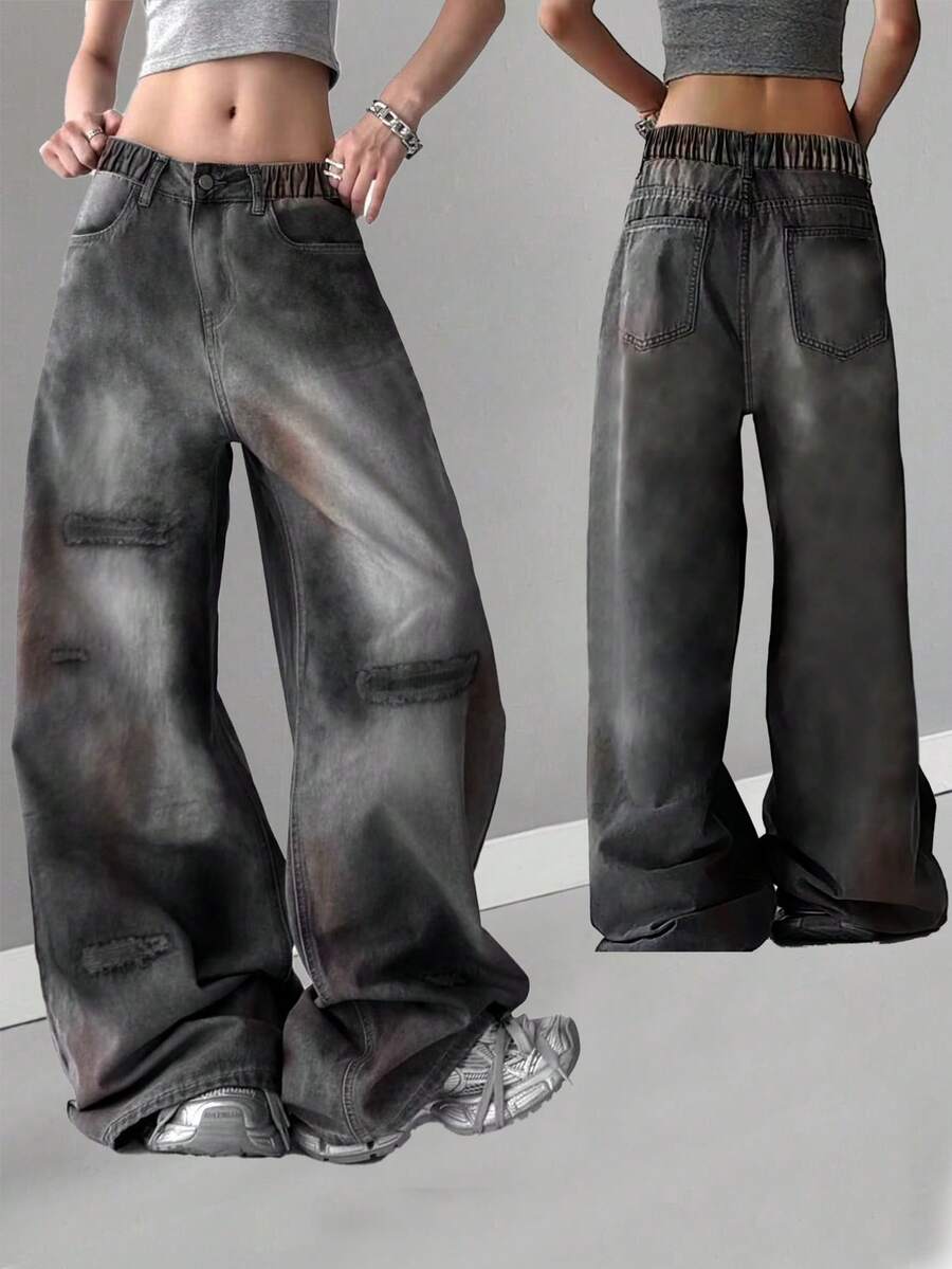 Jeansy vintage z prostymi nogawkami dla nastolatek, uniwersalne i swobodne. Szerokie nogawki. - Czarne - Zobacz 1