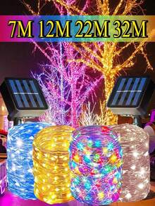 1pc Solar Powered LED String Lights, Length Options: 7m/12m/22m/32m (23ft/39ft/72ft/105ft), Solar Fairy Lights, 8 Flashing Modes, 50/100/200/300 LED Bulbs, Waterproof Outdoor Lighting String For Garden, Yard, Tree, Christmas, Wedding, RV, Halloween - IP65 Outdoor Solar Lights, Garden Lighting | Holiday Lighting | Christmas Lights | Solar Lights