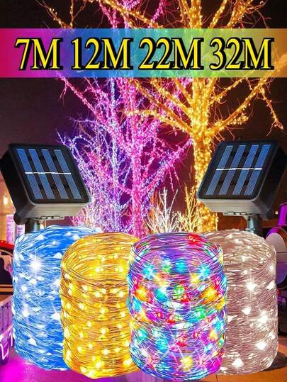 1串太阳能LED灯串，长度可选：7米/12米/22米/32米（23英尺/39英尺/72英尺/105英尺），太阳能仙女灯，8种闪烁模式，50/100/200/300颗LED灯珠，防水户外灯串，适用于花园、庭院、树木、圣诞节、婚礼、房车、万圣节等场合 - IP65户外太阳能灯，花园照明 | 节日照明 | 圣诞灯 | 太阳能灯