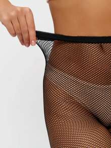 1 Pair Women's Basic Solid Color Fishnet Tights, High Elasticity - Black - View 3