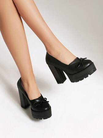 Sexy Stiletto High Heel Shoes For Women, Waterproof Platform, Thick Heel, Comfortable Slip-On Bowknot Closed Toe Pumps, Black